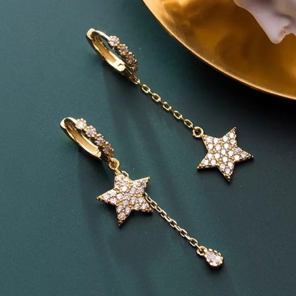 NEW 18K GOLD DIAMOND STAR WATER DROP EARRINGS, NICE EARRINGS, CUTE EARRINGS - Picture 4 of 7